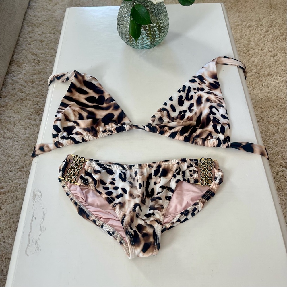 8 PIECE LOT TARA GRINNA Hipster Triangle Top Bikini Set Black Gold Animal Print - Picture 12 of 16